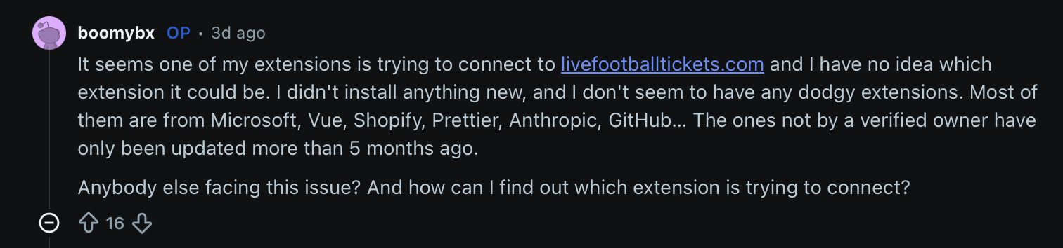 Reddit post about suspicious VS Code extension
