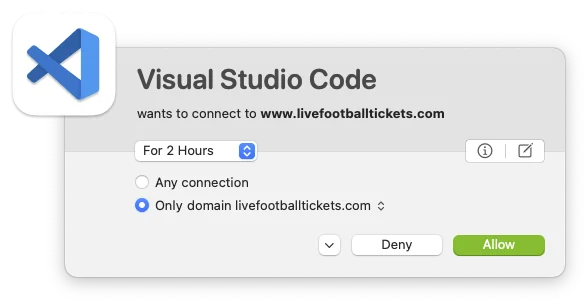 VS Code firewall prompt for livefootballtickets.com